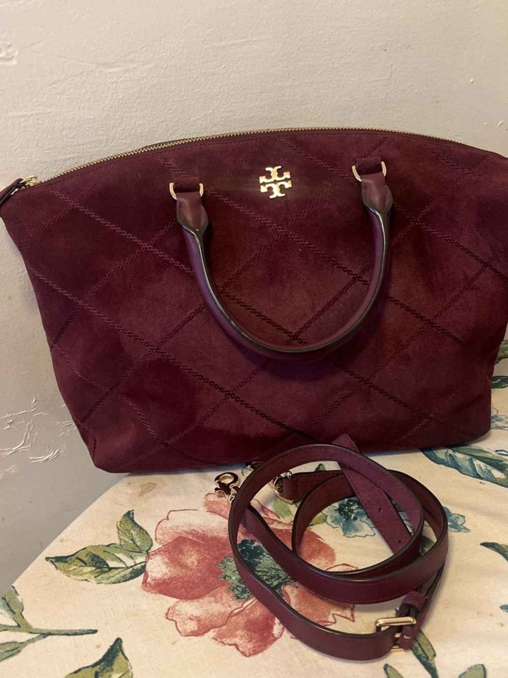 Tory Burch Quilted Suede Crossbody Bag in Burgundy